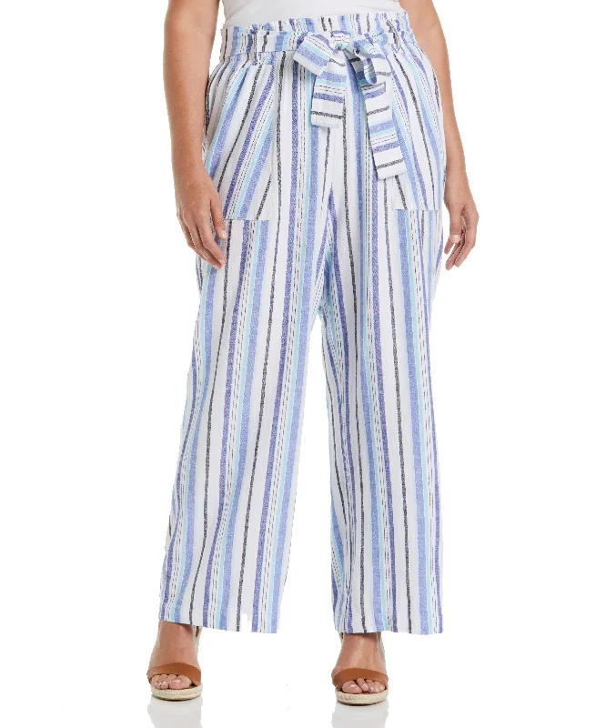 Plus Size Stripe Wide Leg Linen Blend Paper Bag Pant