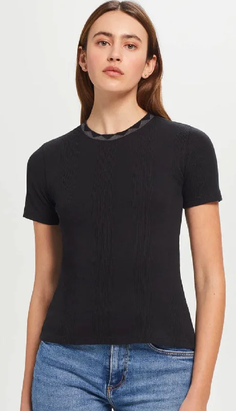 Variegated Ribbed Geometric Ringer Tee - Black