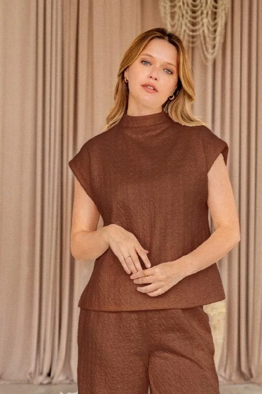 Cable Knit Drop Shoulder Top in Brown