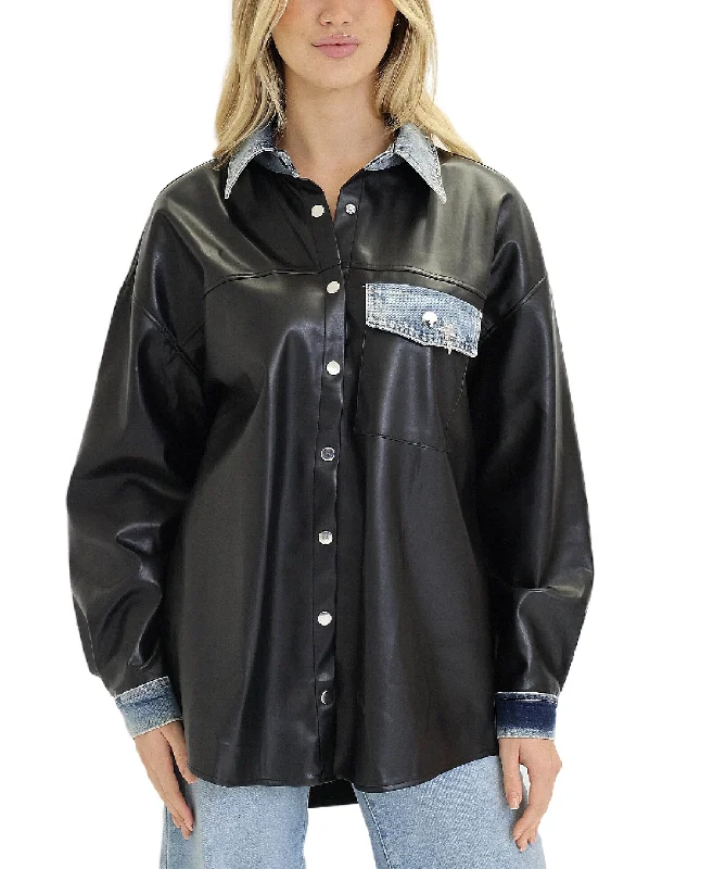 Faux Leather Top w/ Denim Trim