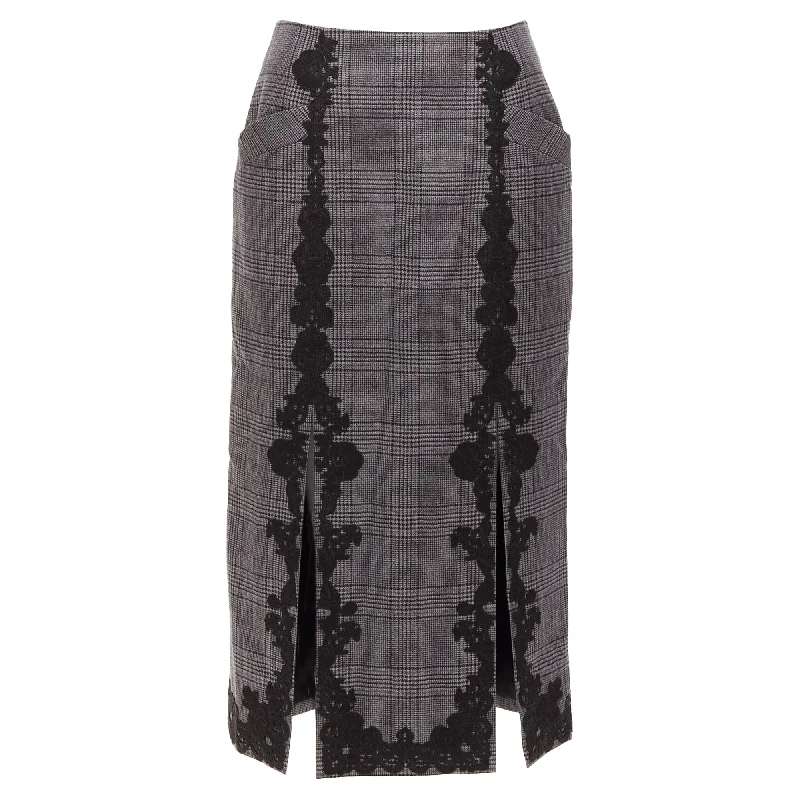 Jonathan Simkhai Wool Houndstooth Lace Applique Slit Pencil Skirt