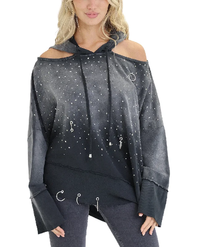 Ombre Cold Shoulder Hoodie w/ Rhinestones