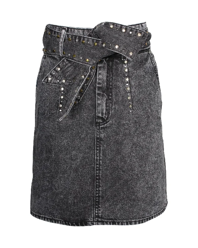 Sandro Paris Fredie Belted Embellished Acid-wash Denim Mini Skirt in Grey Cotton