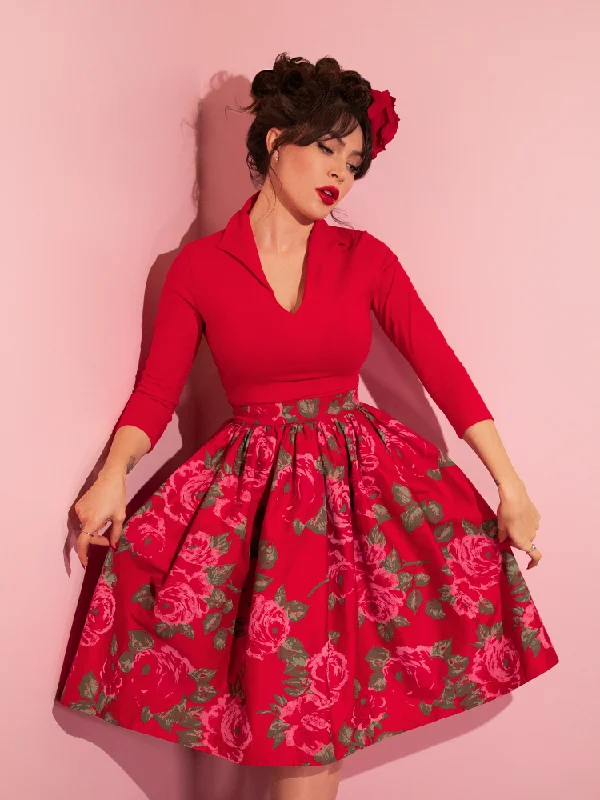 FINAL SALE - Vixen Swing Skirt in Vintage Red Rose Print - Vixen by Micheline Pitt