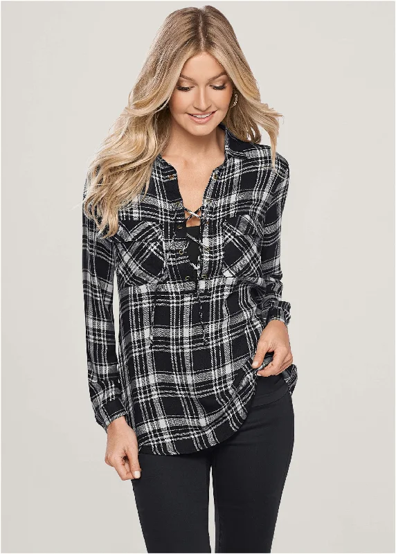 Plaid Lace-Up Top - Black Multi