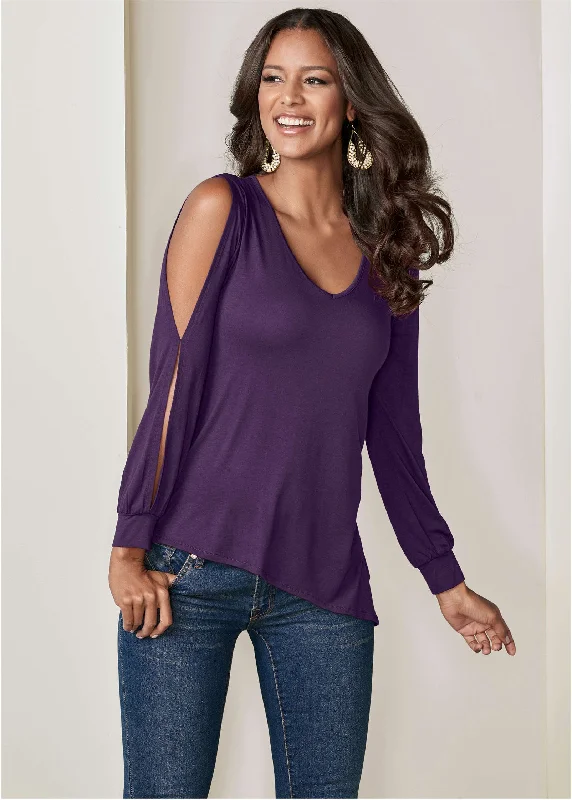 V-Neck Cold-Shoulder Top - Dark Purple