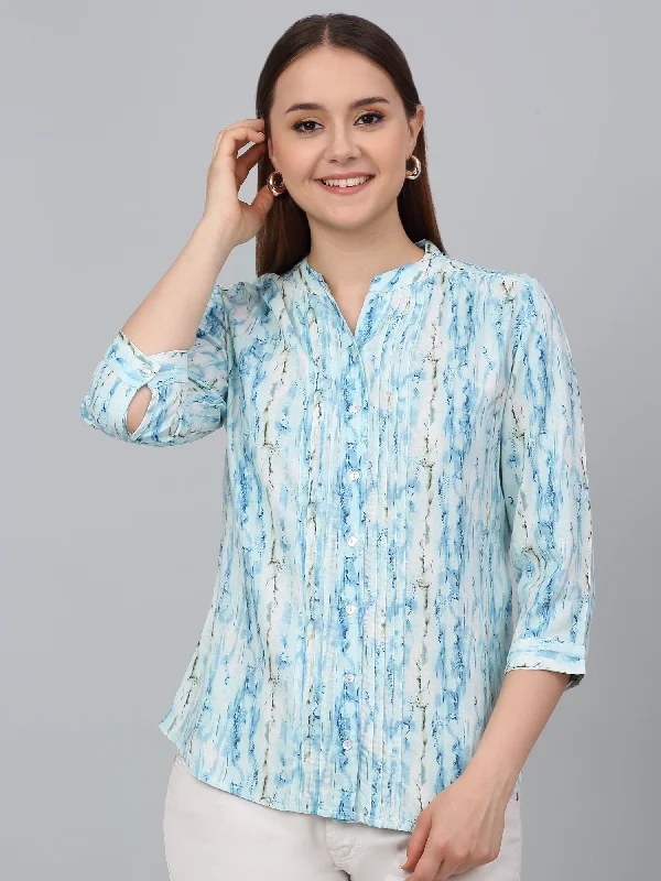 Women Sky Blue Printed Mandarin Collar Casual Tunic