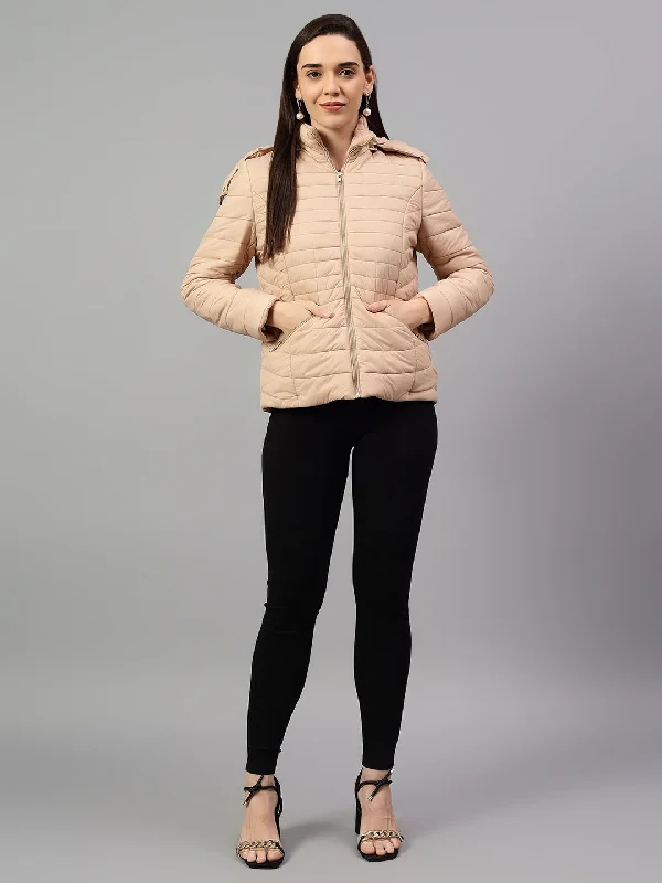 Women's Beige Solid Full Sleeves Winter Jacket