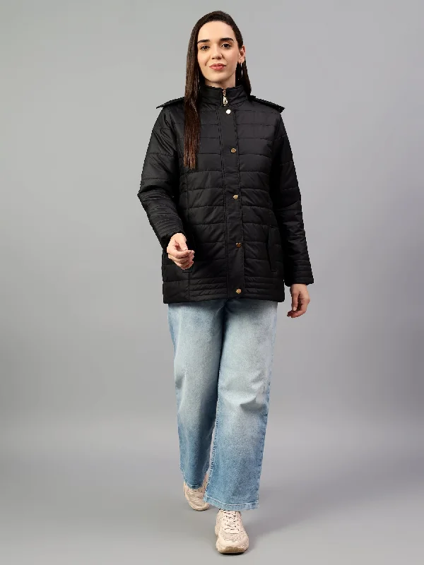 Women's Black Solid Full Sleeves Winter Jacket