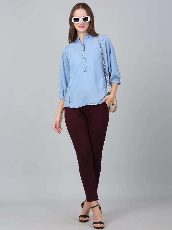 Women's Light Blue Solid Casual Top