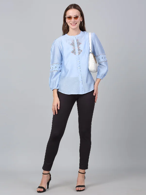 Women's Sky Blue Solid Casual Tunic